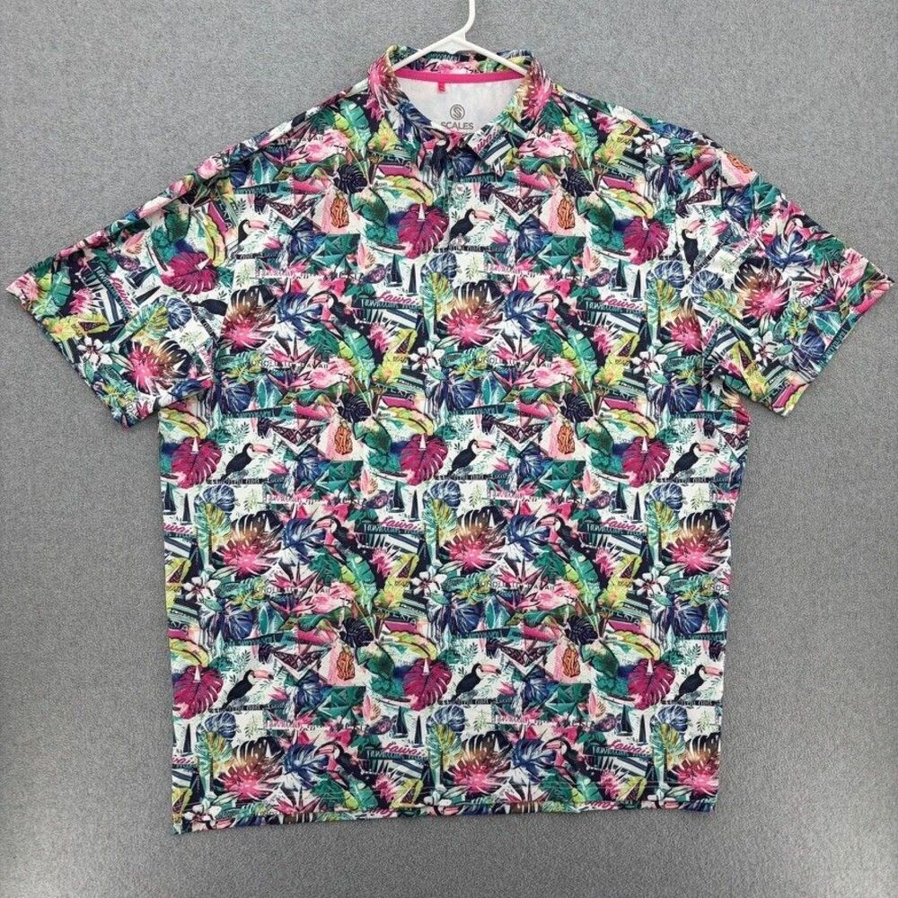 Scales Polo Shirt Mens 2XL Tropical Hawaiian Golf Toucan Floral Performance